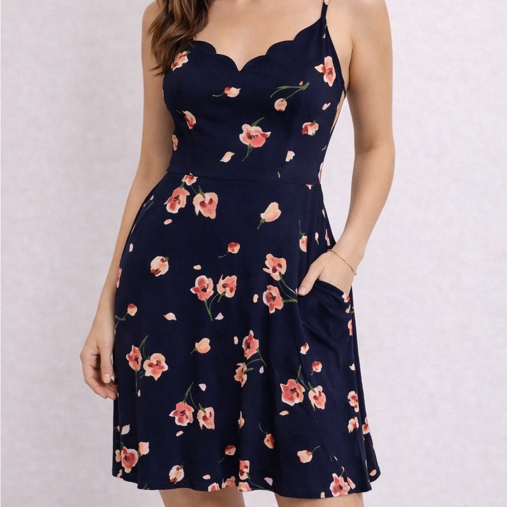 Navy Floral Midi Dress with Scalloped Neckline